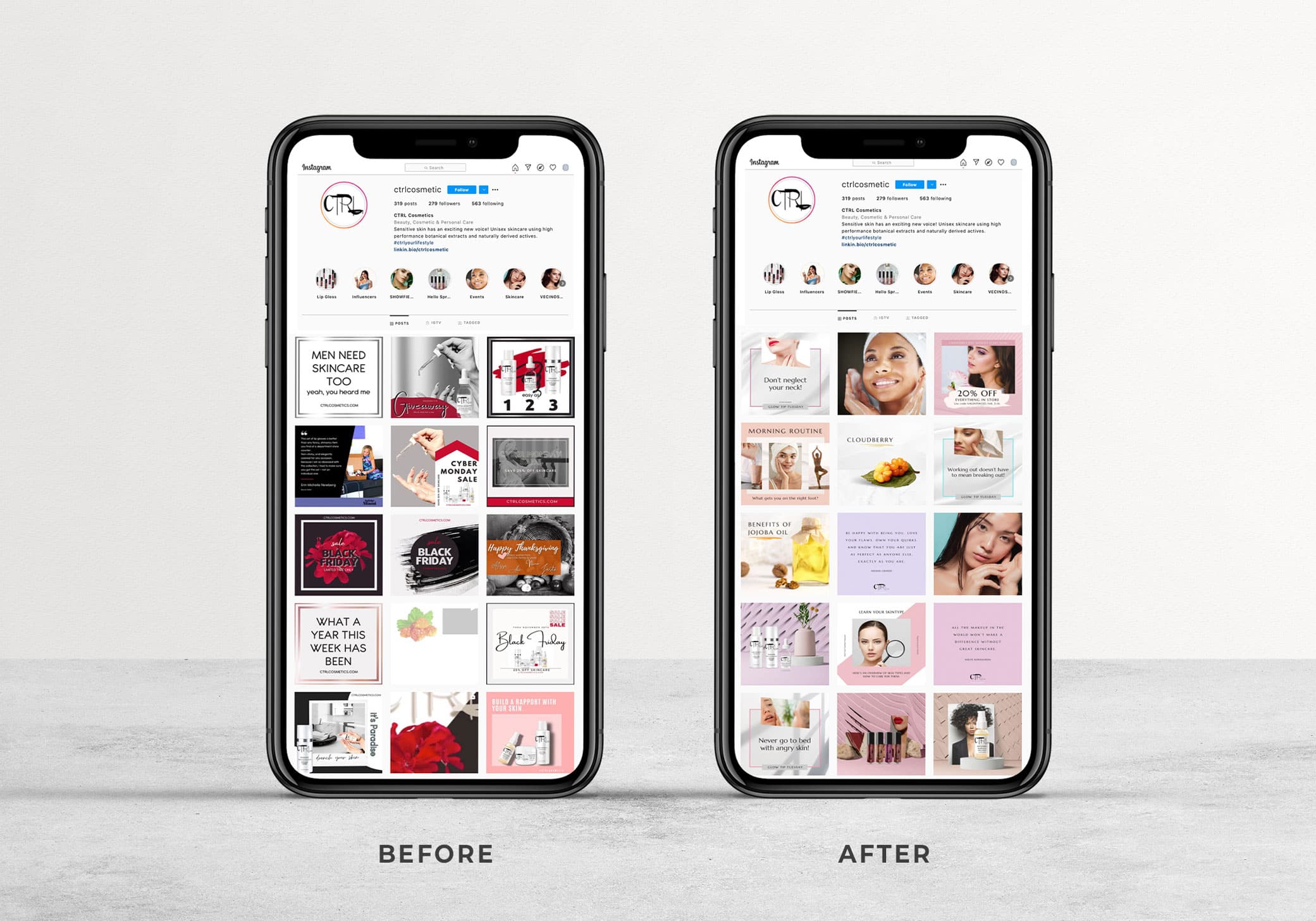 CTRL Cosmetics before and after social media marketing brand Instagram layout on iPhone.