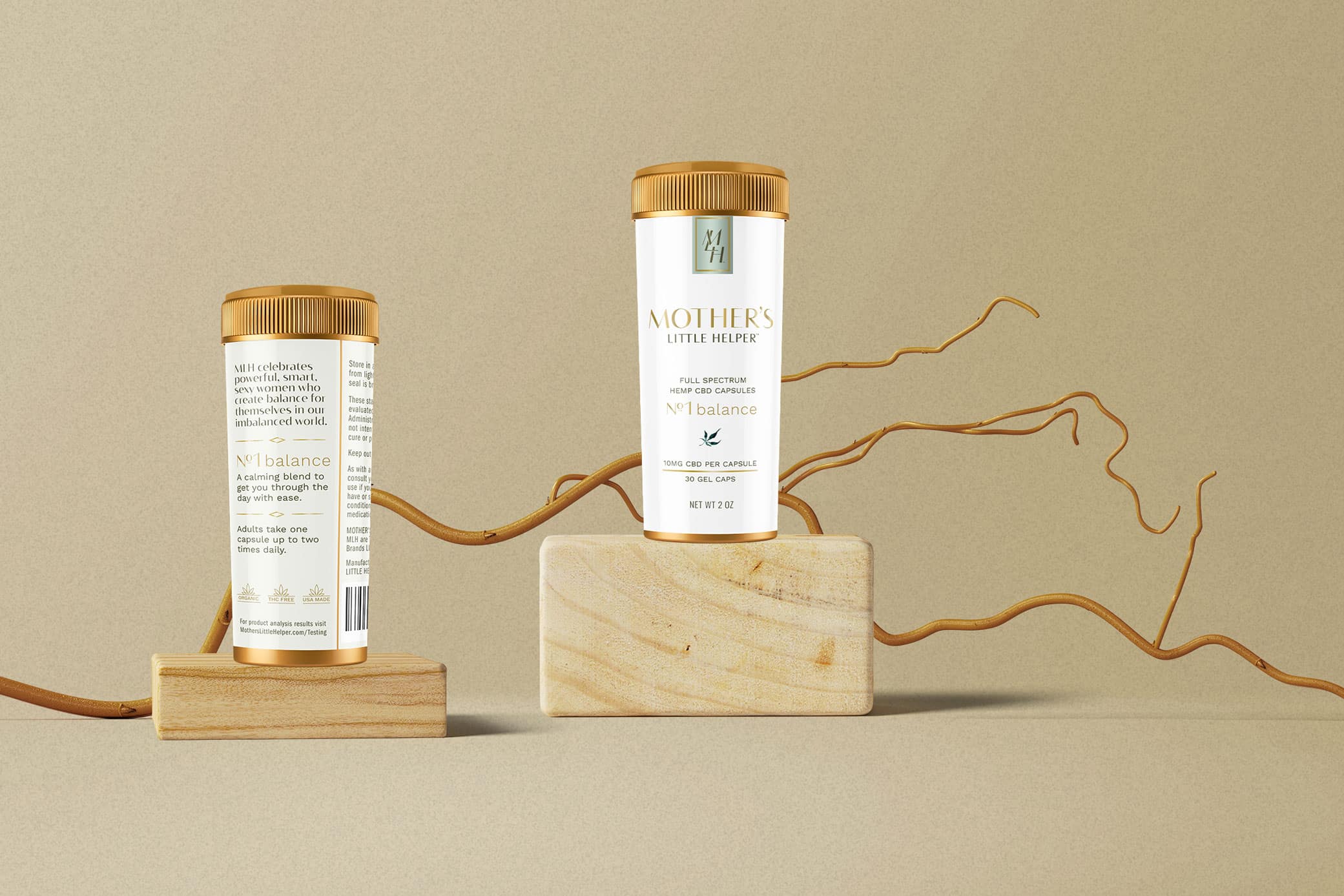 Mother’s Little Helper CBD packaging design for CBD supplements with gold lid, and pharmaceutical styled white bottle.
