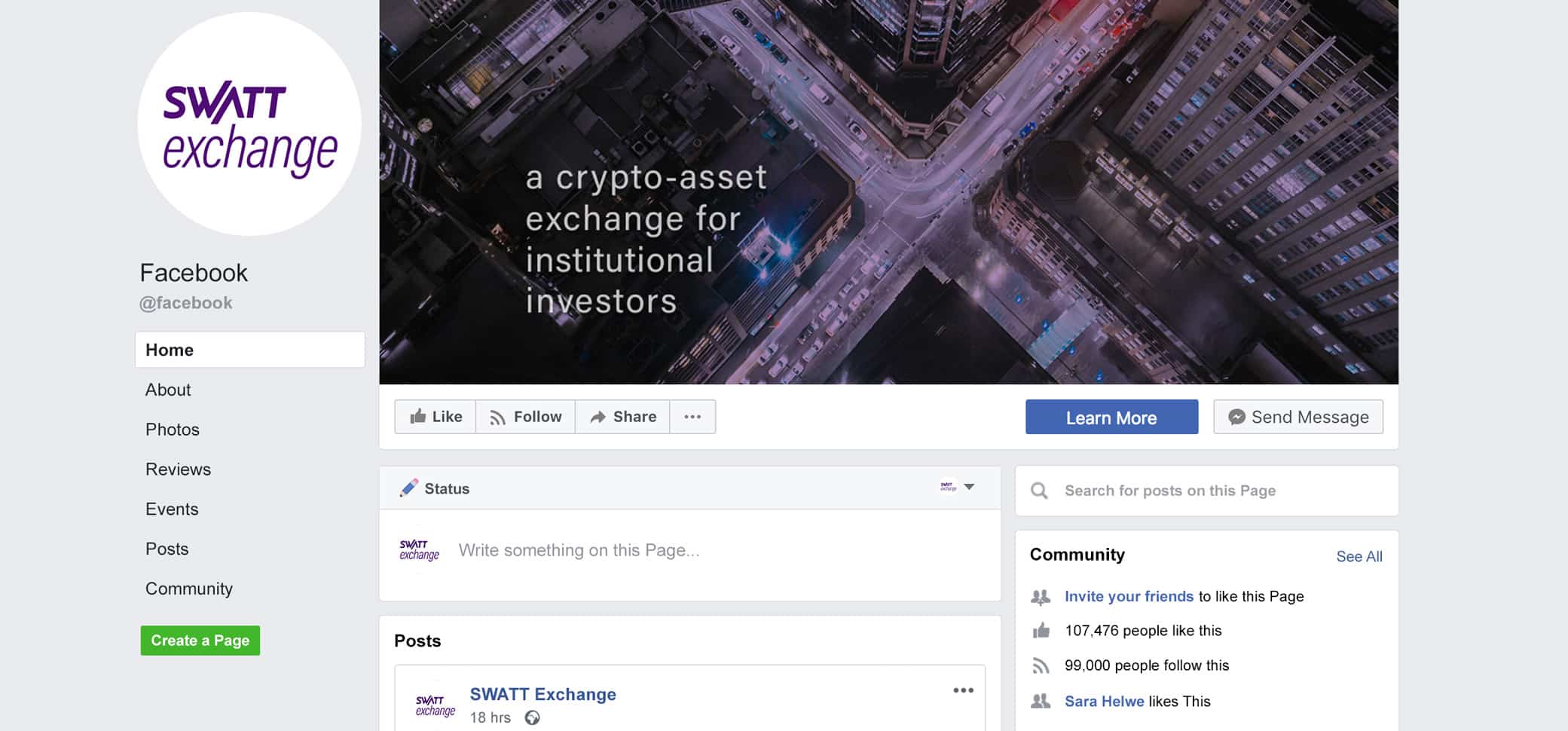 SWATT Exchange Facebook page with finance logo design and the brand's social media avatar and banner.