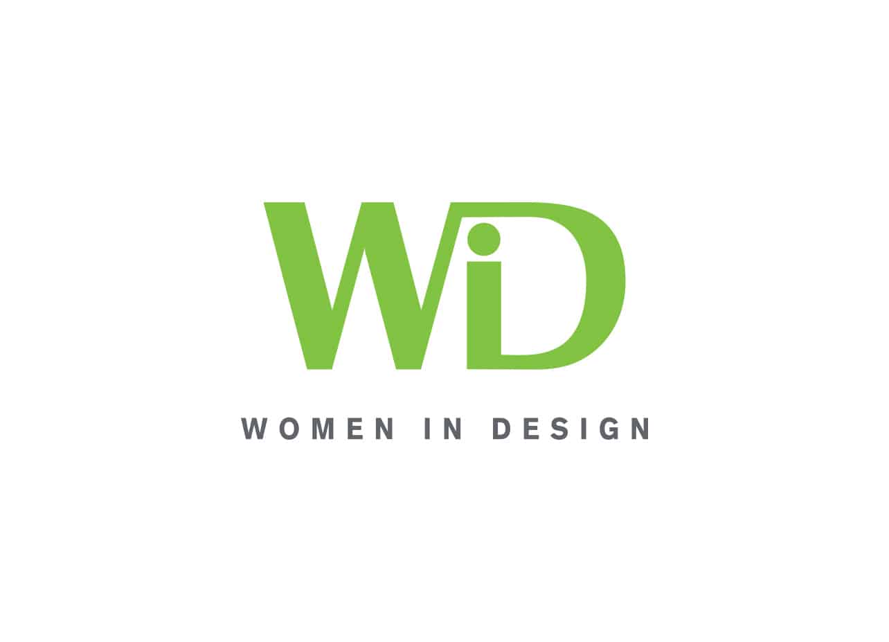 Non profit logo design for Women in Design in black and green with “WiD” in green and “Women in Design” in grey font.