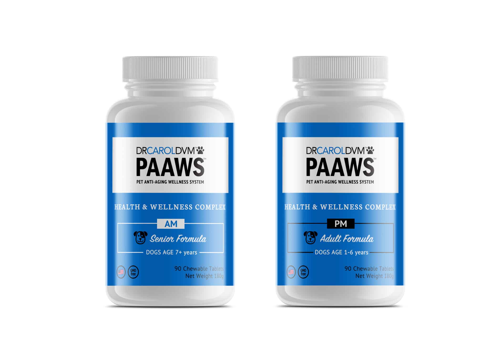 Dr. Carol DVM PAAWS pet supplements design in blue, black and white elements against white background.