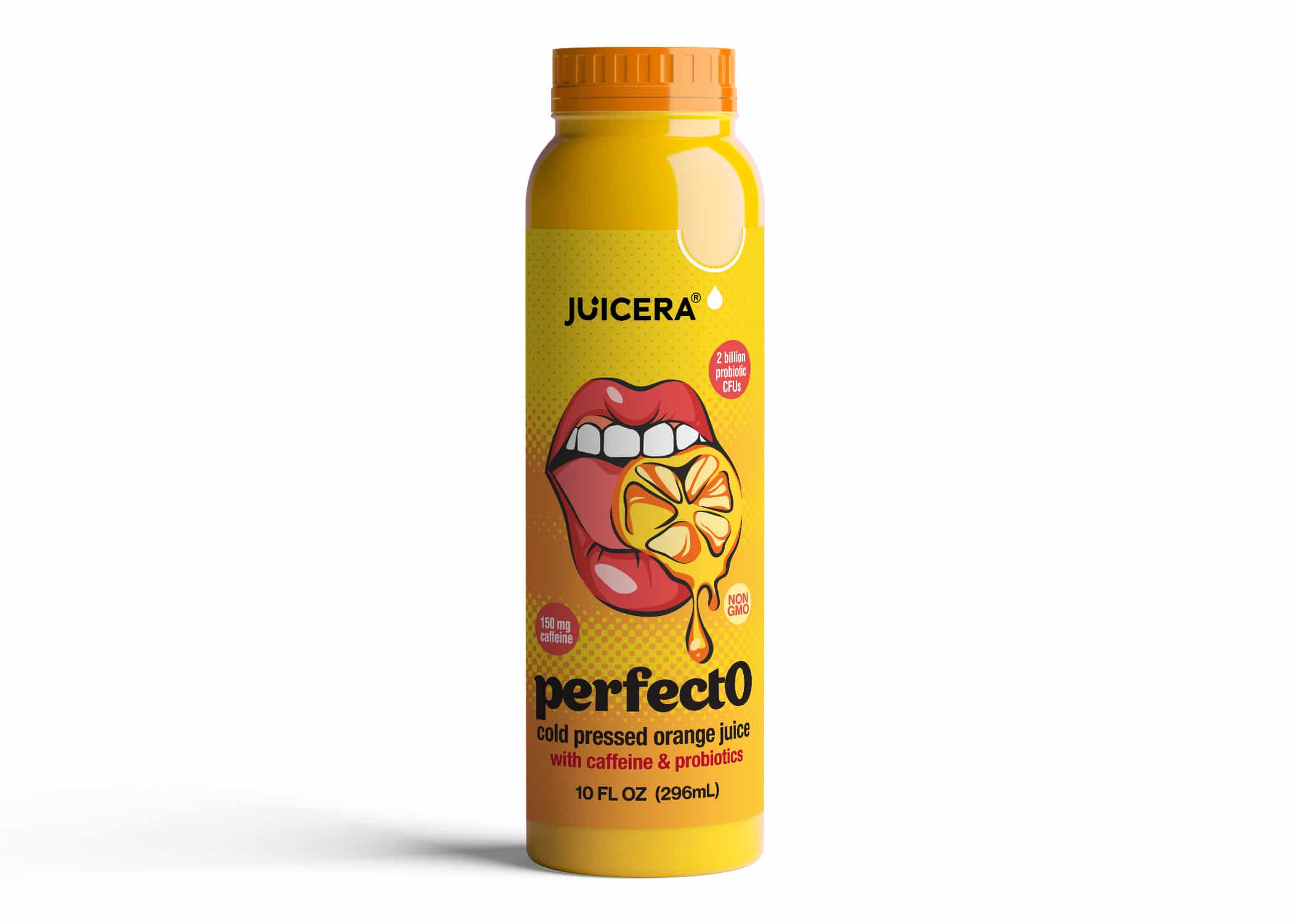 Juicera PerfectO energy drink package design Pop art bottle in bright yellow with open mouth with tongue sticking out on the label.