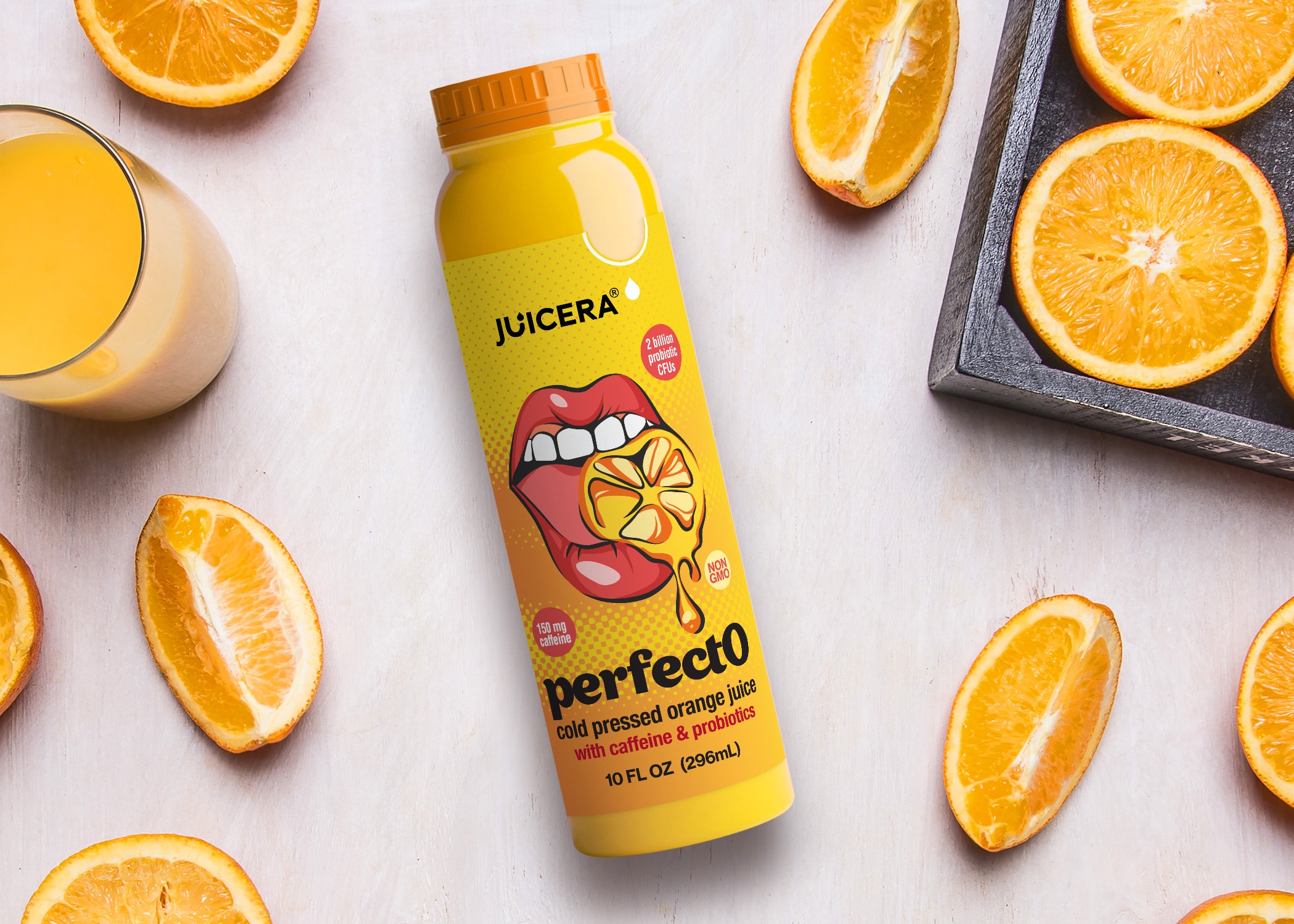 Juicera PerfectO energy drink package design Pop art bottle in bright yellow with open mouth with tongue sticking out on the label.