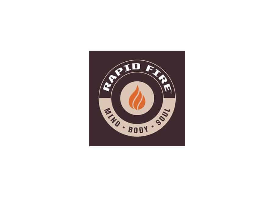 Rapid Fire brand identity logo design with fire icon, “Mind, Body, Soul” slogan, and deep brown tones.