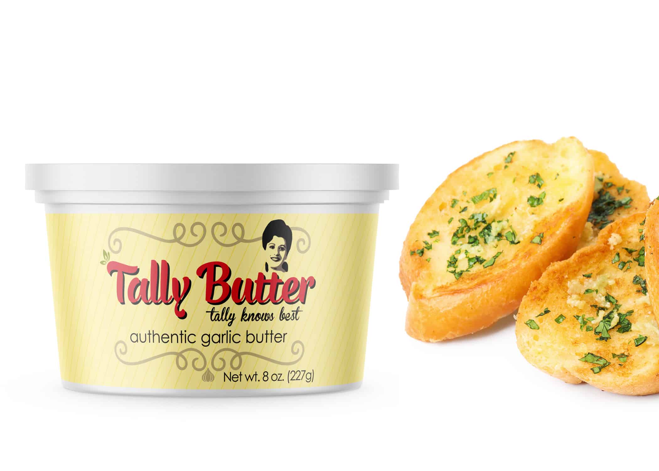 Tally Butter vintage-inspired packaging with logo over soft yellow canister and swirls and garlic clove design elements.