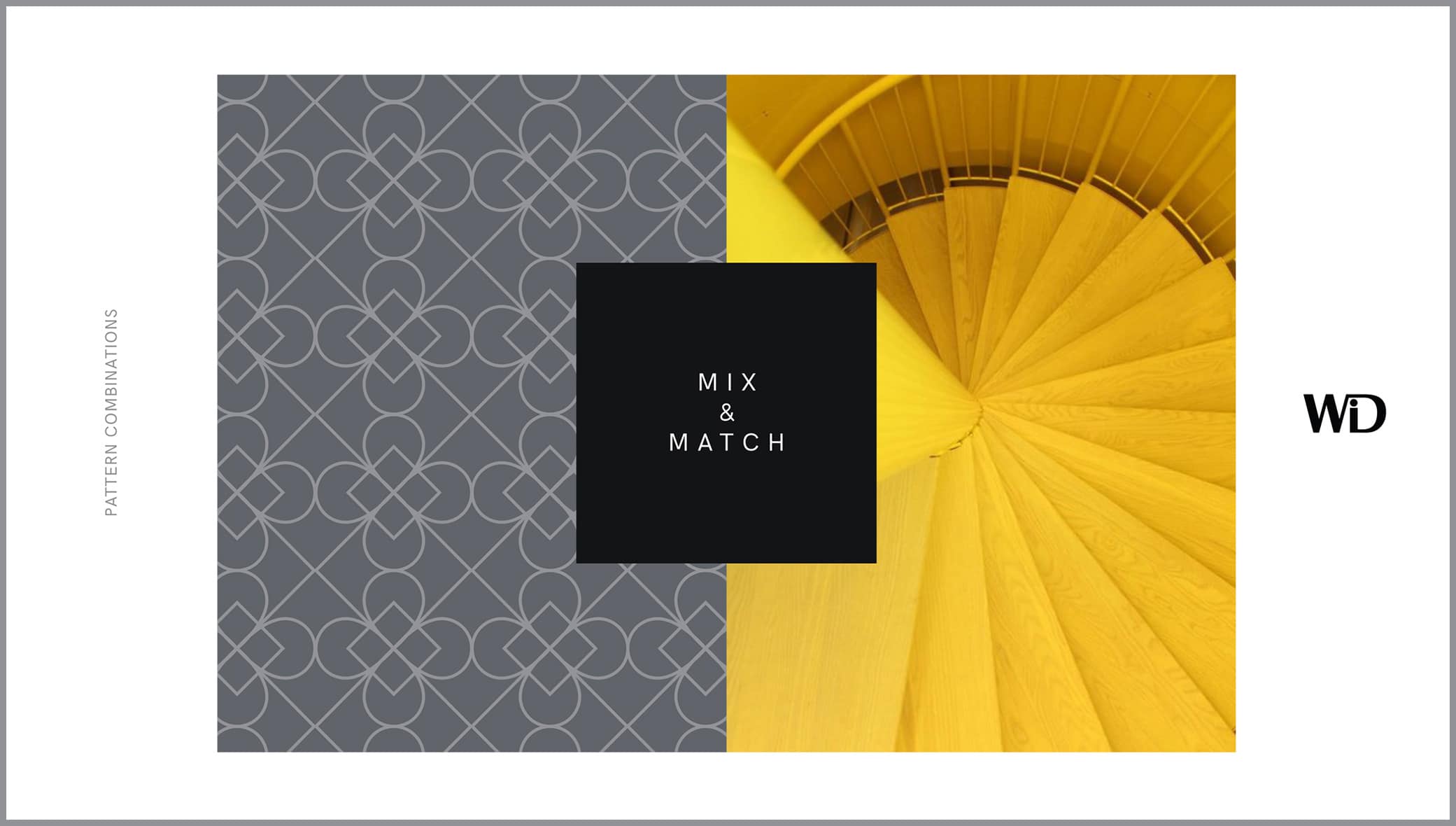 Women in Design branding presentation showcasing a grey pattern combination with a bright yellow staircase visual.