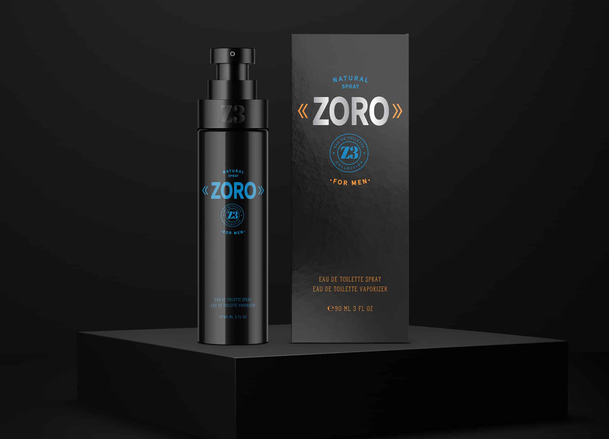 YZY Perfume men's fragrance bottle and package design in classic black with pops of blue and orange for Z3 Zoro product.