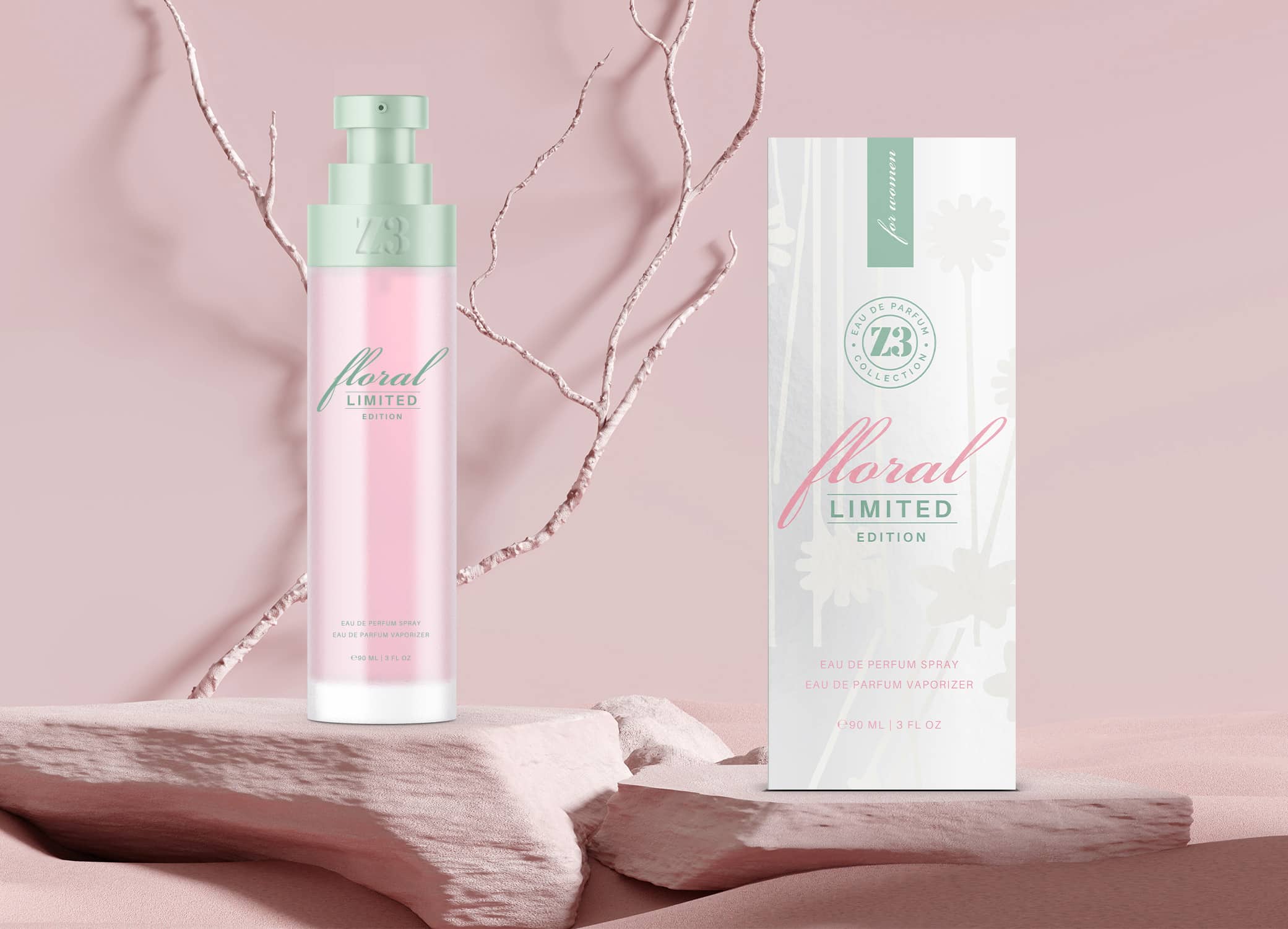 Luxury perfume packaging design for YZY in pink, green, white, and silver with flower elements for Z3 Floral product.