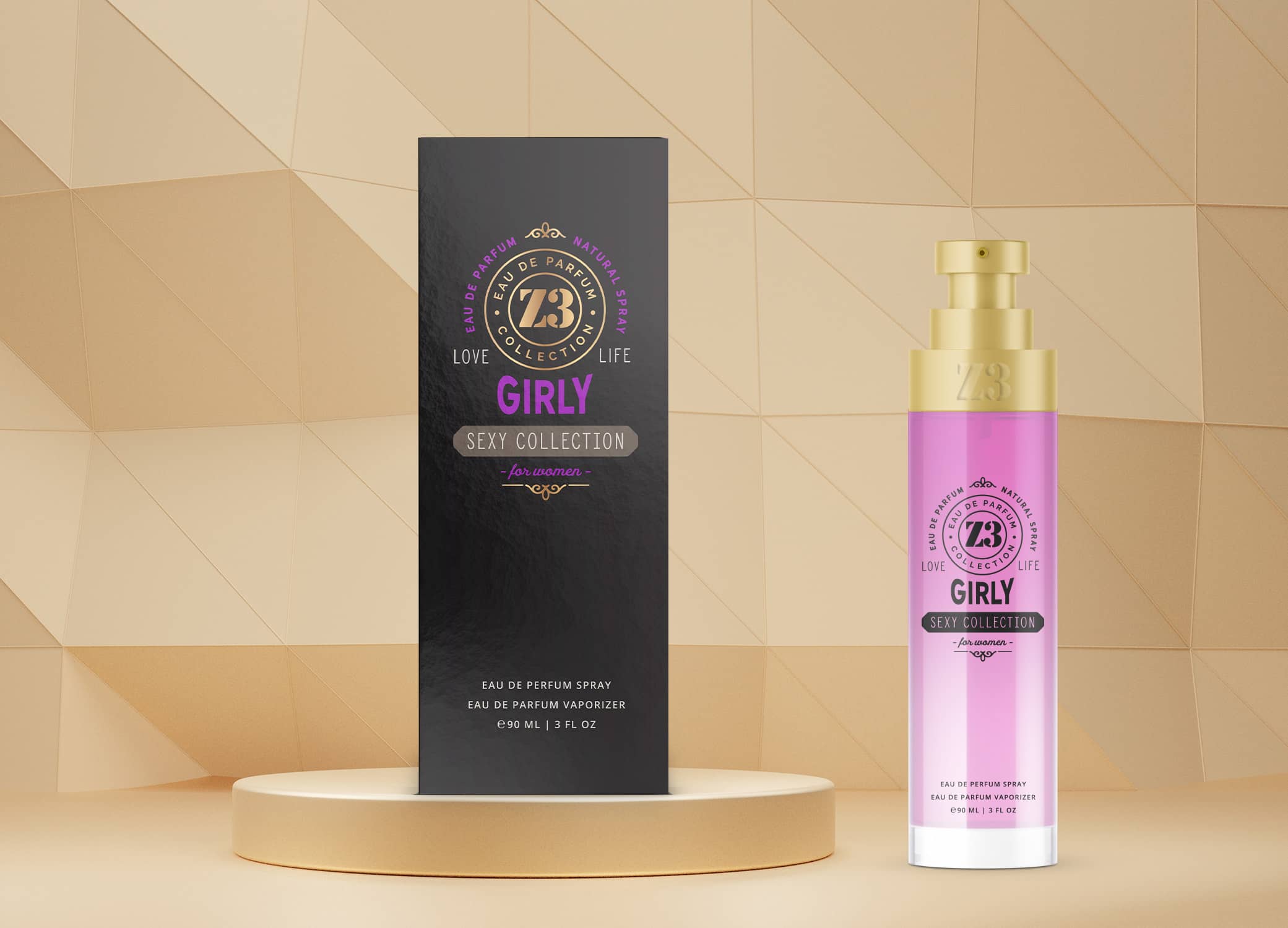 Luxury perfume packaging design for YZY showcasing the Girly Sexy Collection fragrance in magenta.