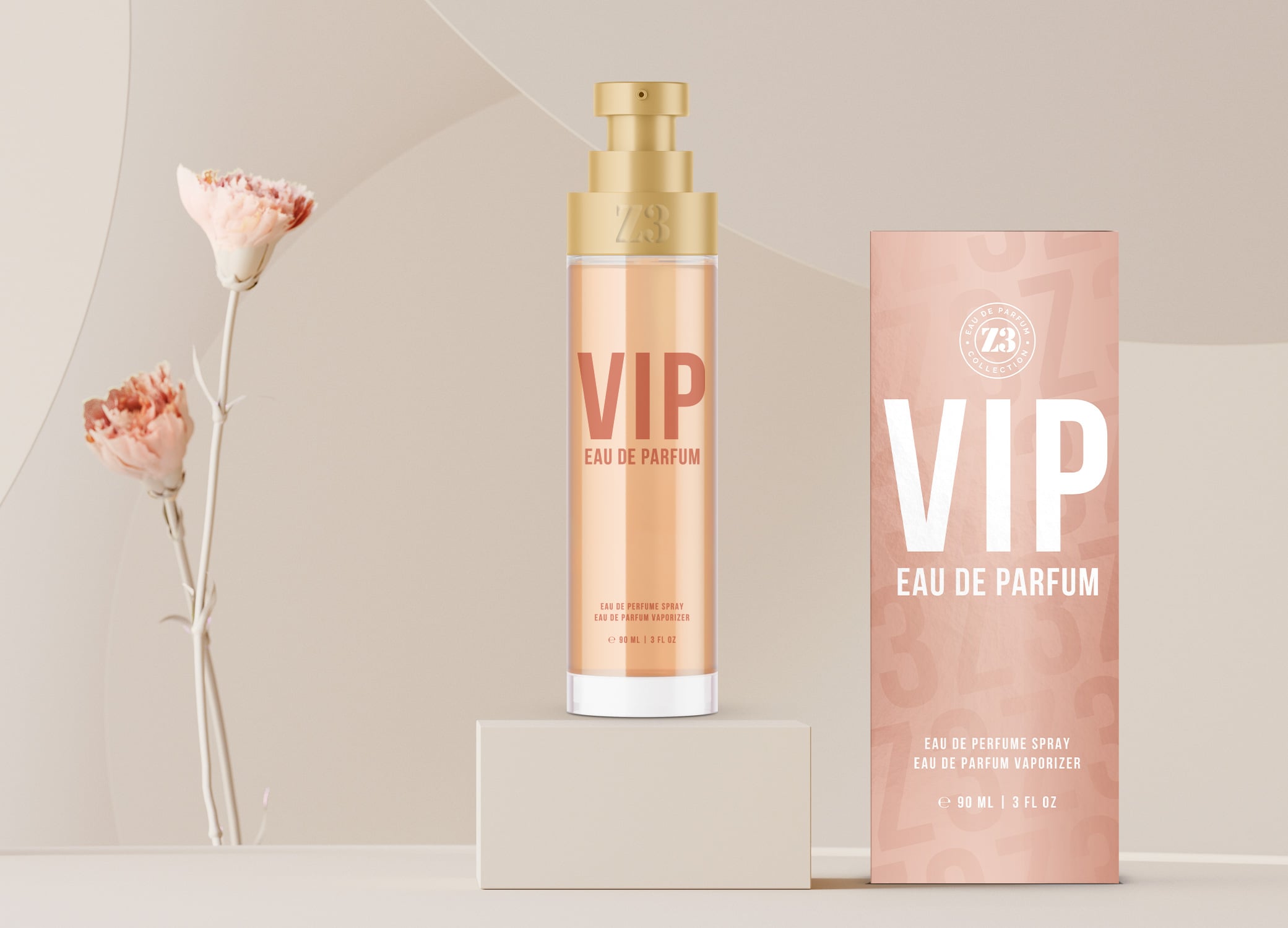 Luxury perfume packaging design for YZY in rose gold with bold silver lettering for Z3 VIP product.