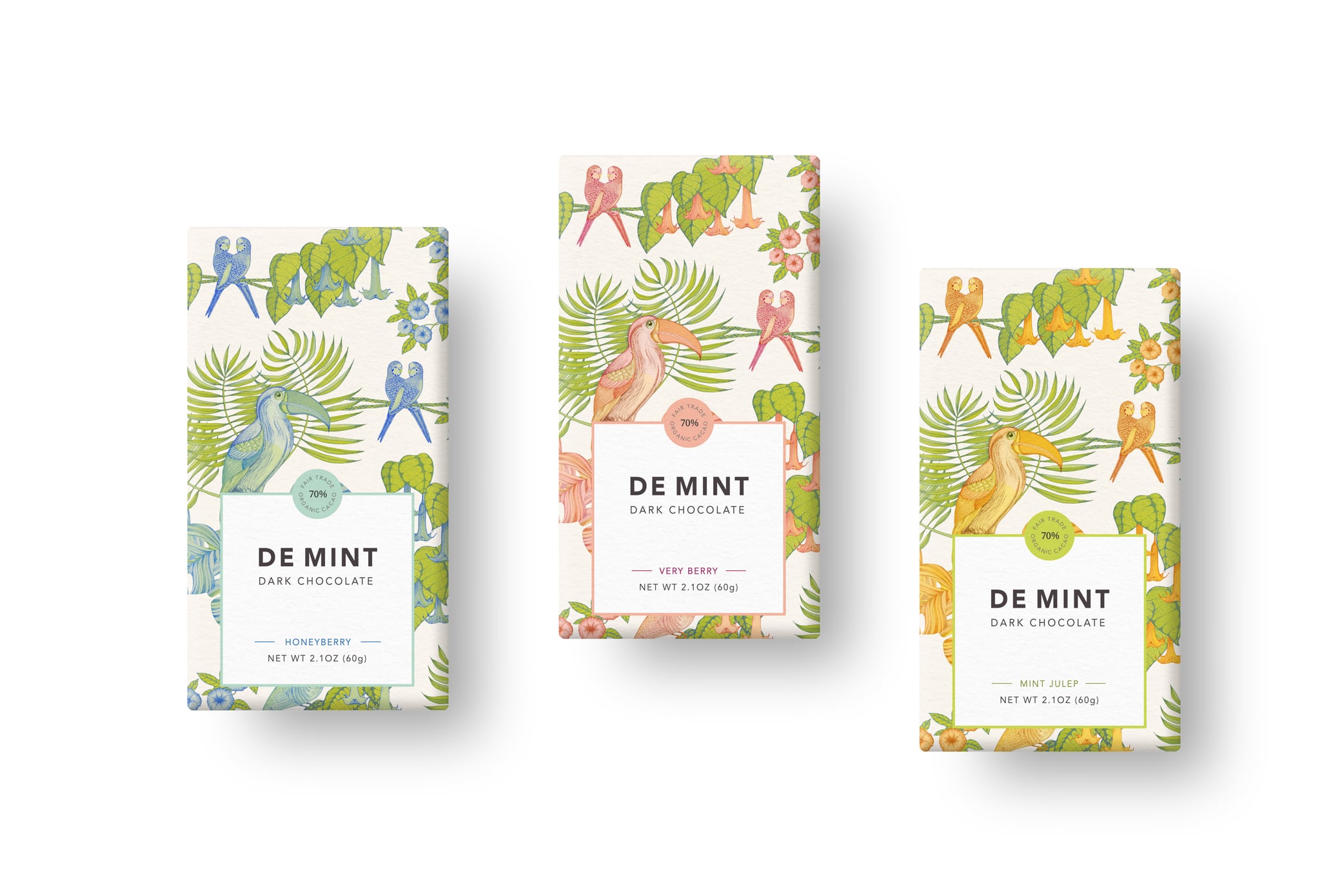 De Mint chocolate packaging design featuring three dark chocolate bars.