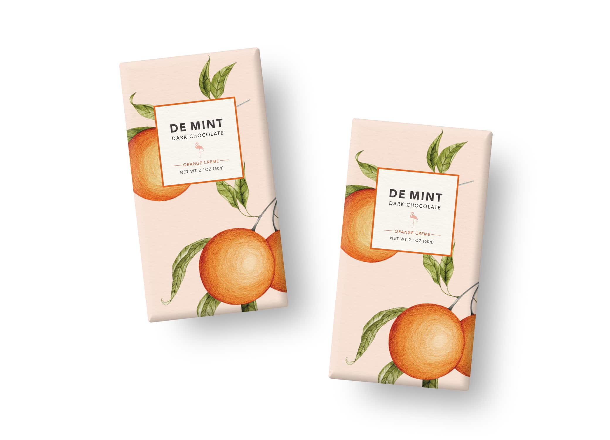 De Mint chocolate packaging design featuring three Orange Creme dark chocolate bars.