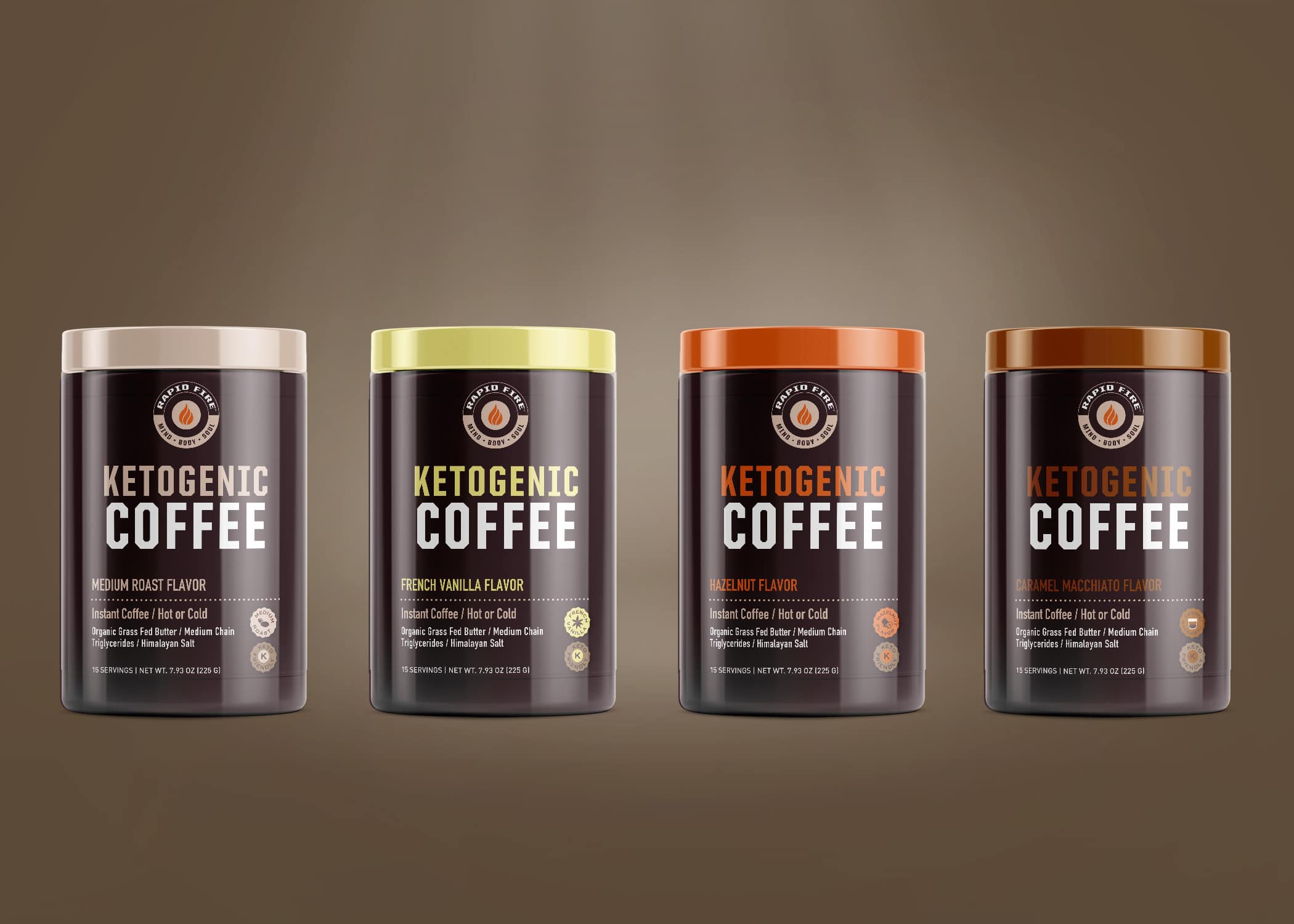 Rapid Fire wellness brand package design ketogenic coffee line with pops of color for the lids and brown containers arranged in a line.