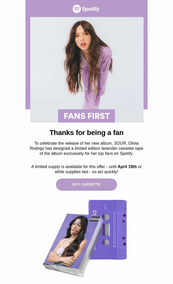 Spotify email blast showing a Olivia Rodrigo promotion for her new music.