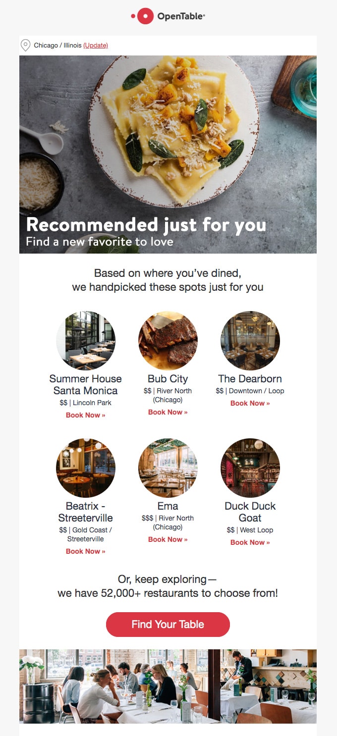 Email marketing Miami company showcasing Open Table's email blast of "Recommended just for you" product picks.