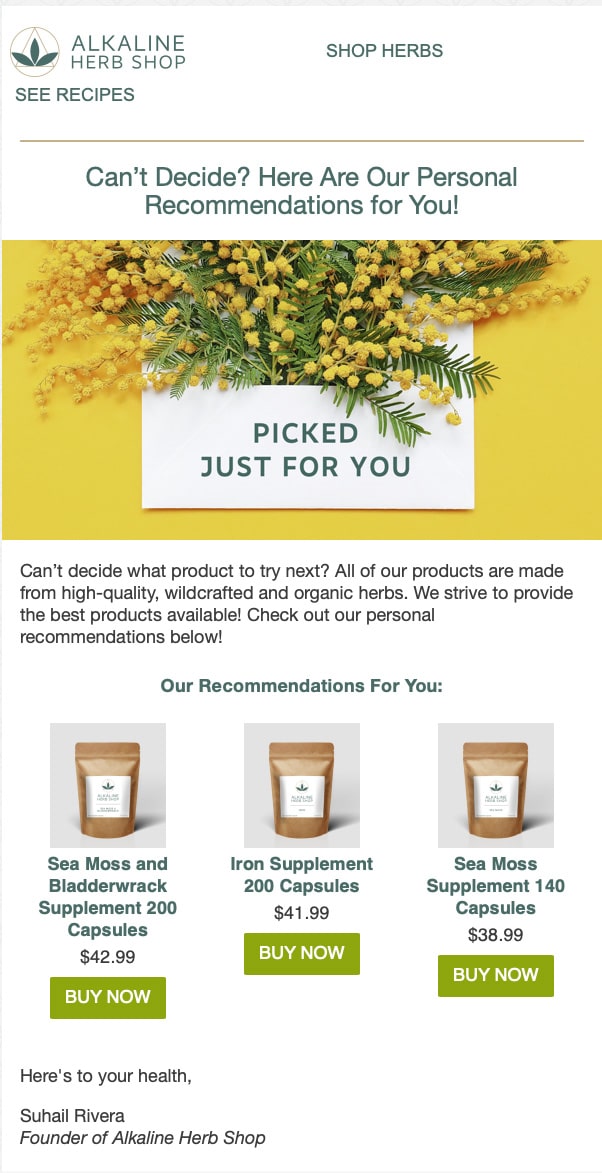 Florida email marketing strategy, Alkaline Herb Shop's email showing product recommendations based on previous purchasing behavior.