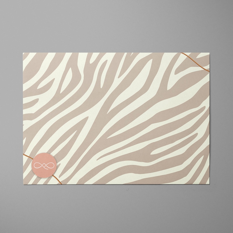Simple Sexy accessories envelope design in a blended zebra pattern with a touch of gold at opposite corners and logo in lower left.