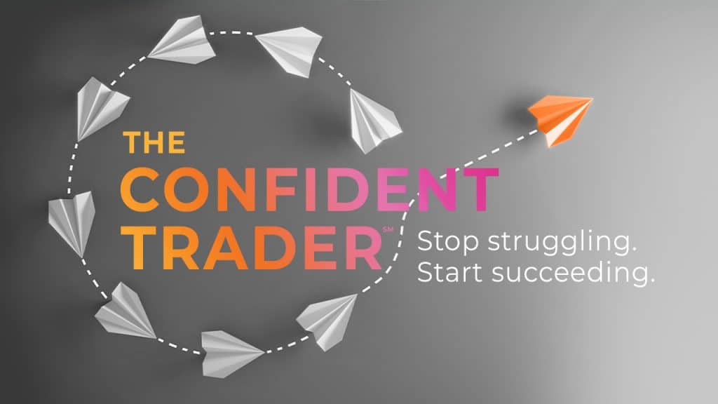 Ahead Coach course design with flying paper airplanes, the brand’s name, and The Confident Trader quote.