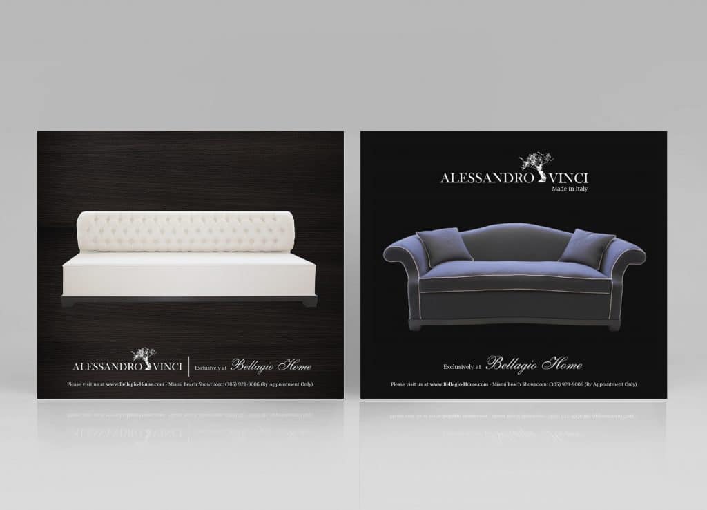 Bellagio Home Ad designs for American Lifestyle magazine, featuring white and dark blue couches against back paper.