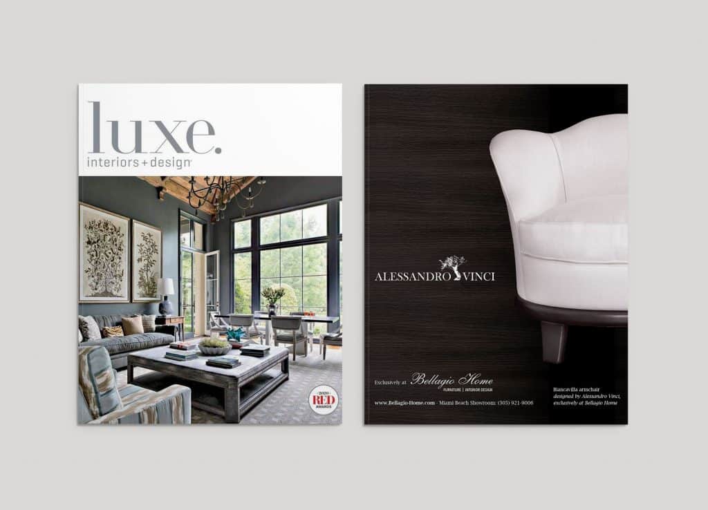 Furniture store Bellagio Home design for Luxe Magazine featured pages against grey backdrop.