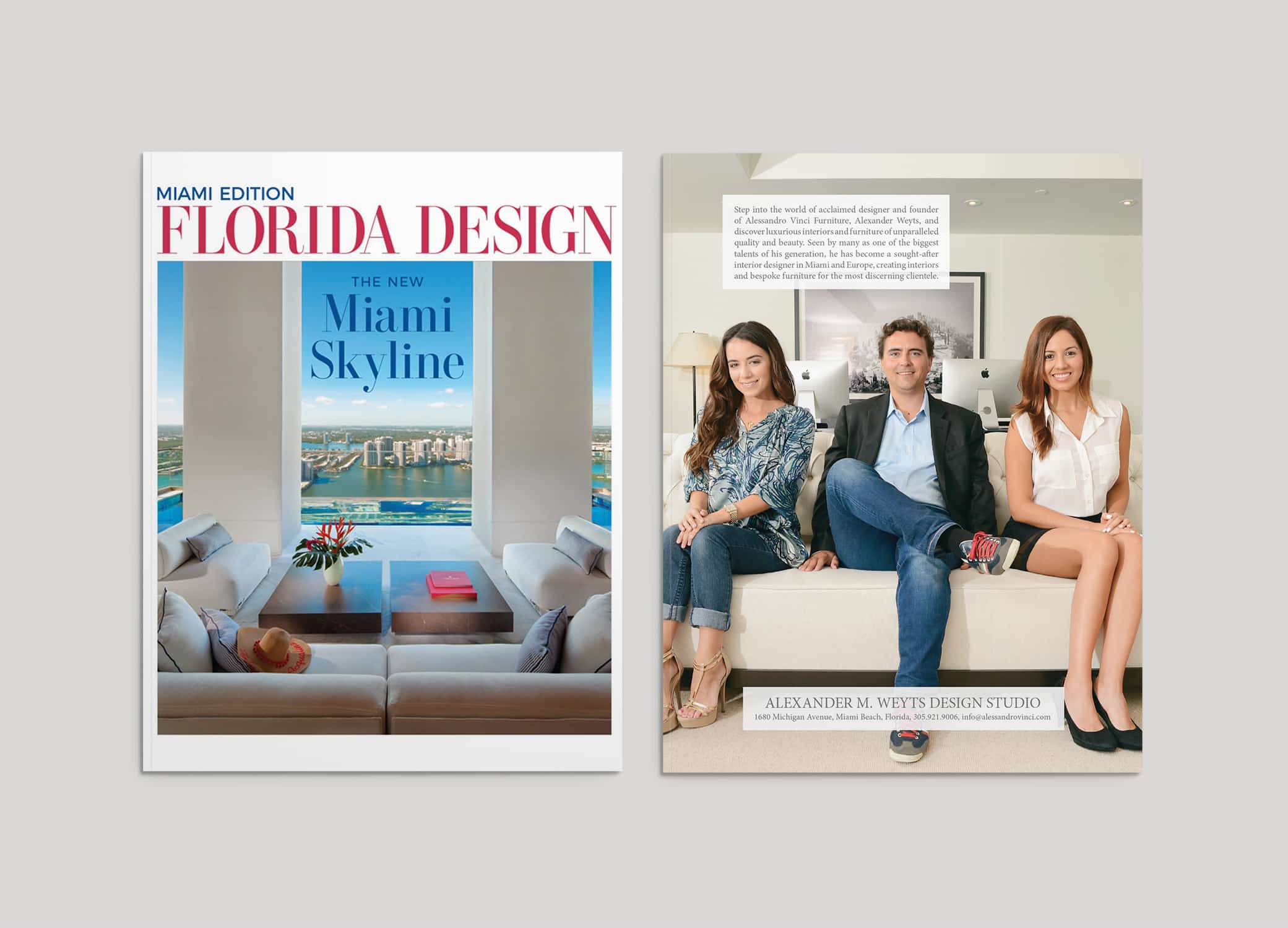 Bellagio Home design for Florida Magazine front cover and inside featured page design against grey backdrop.