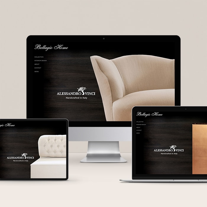 Furniture store, Bellagio Home web design featuring three different views of home page.