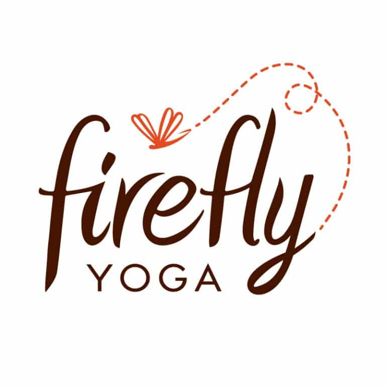 Firefly Yoga fitness logo design including a firefly icon with dotted flight path and brown and sienna orange font colors.
