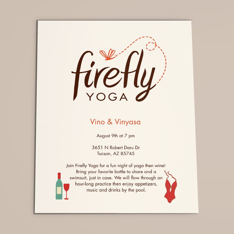 Firefly Yoga flyer promoting studio events against beige backdrop.