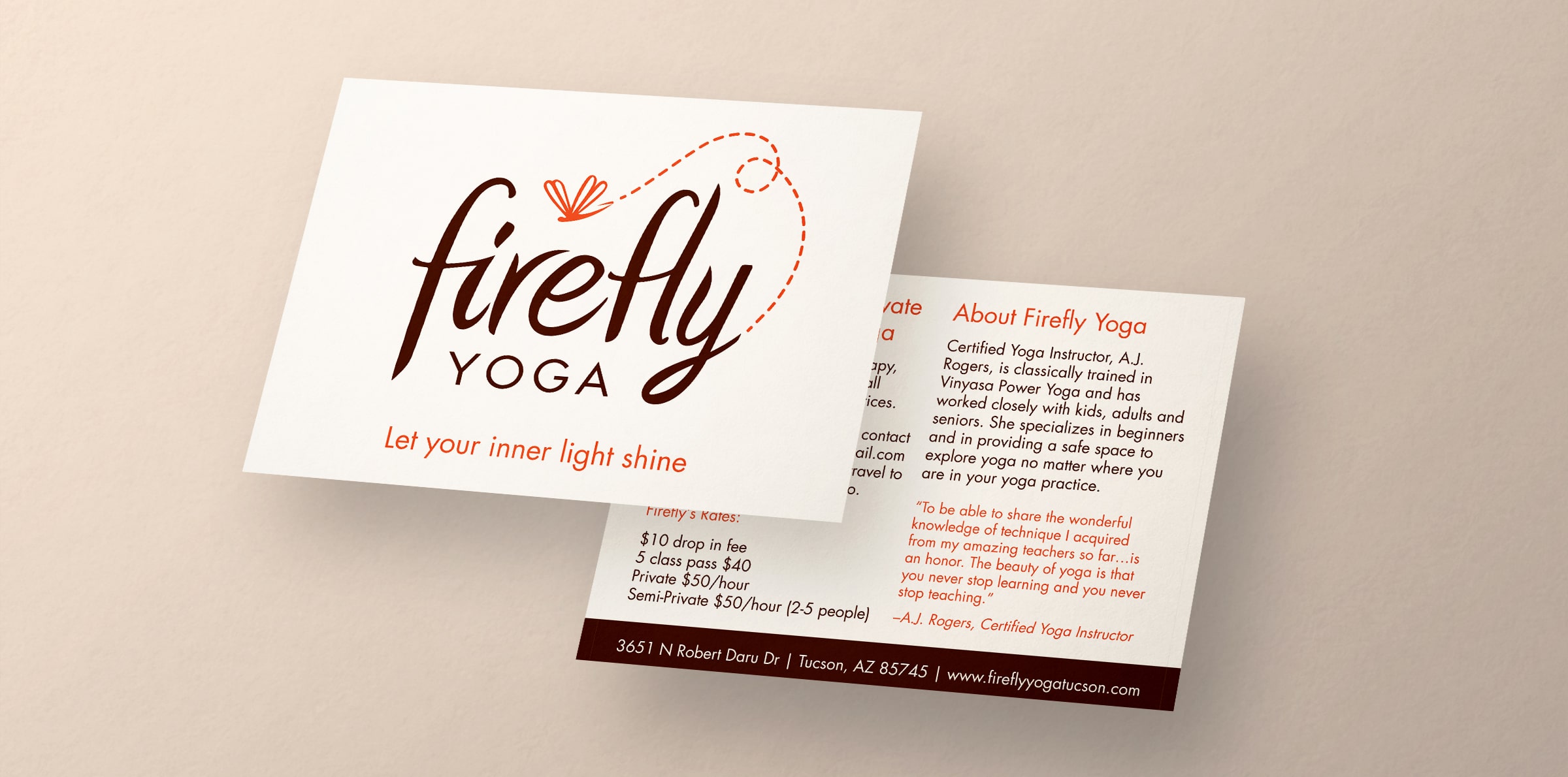 Firefly Yoga fitness logo on postcard front with back view providing more information about the brand and its services.