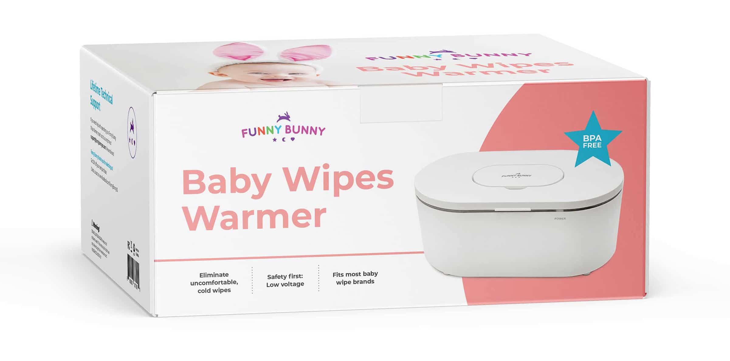 Baby Wipes Packaging Design: Funny Bunny packaging design for baby wipes warmer with retro color palette, logo, and images on box.