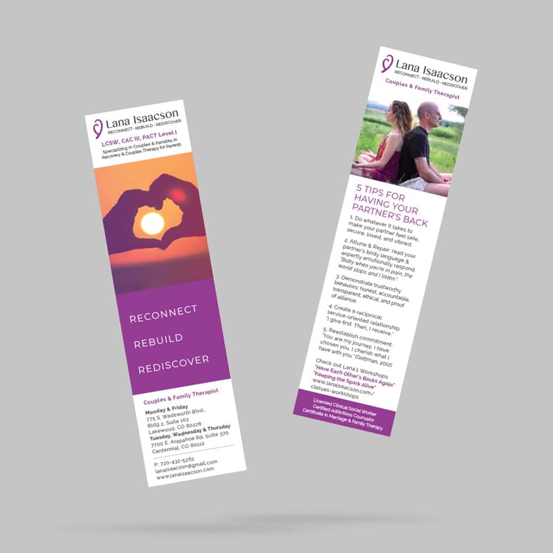 Lana Isaacson bookmarks with logo, brand images, tips, and location of service.