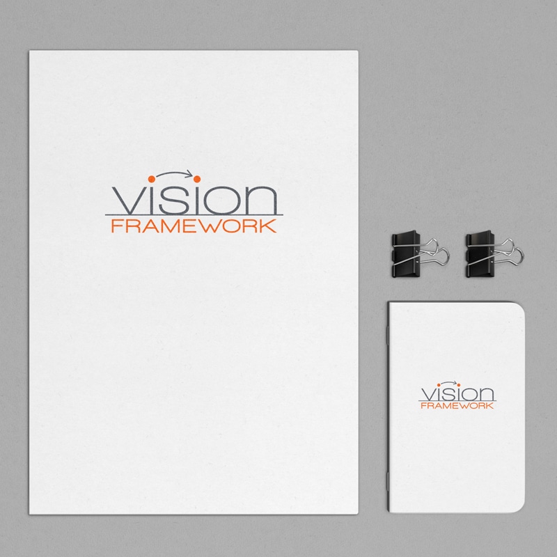 Our vision beyond website design, using grey and orange logo on a variety of printed materials.