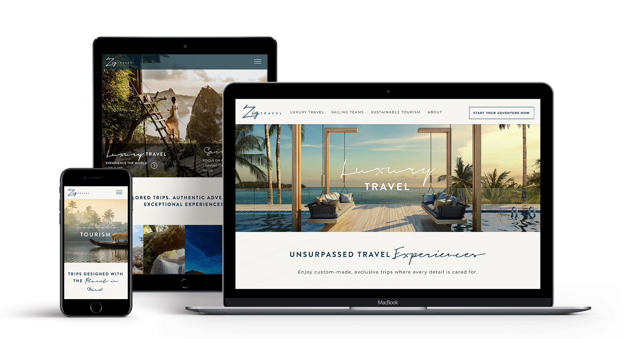 Zig Travel new luxury travel website design featuring desirable waterfront destinations, shown on various devices.