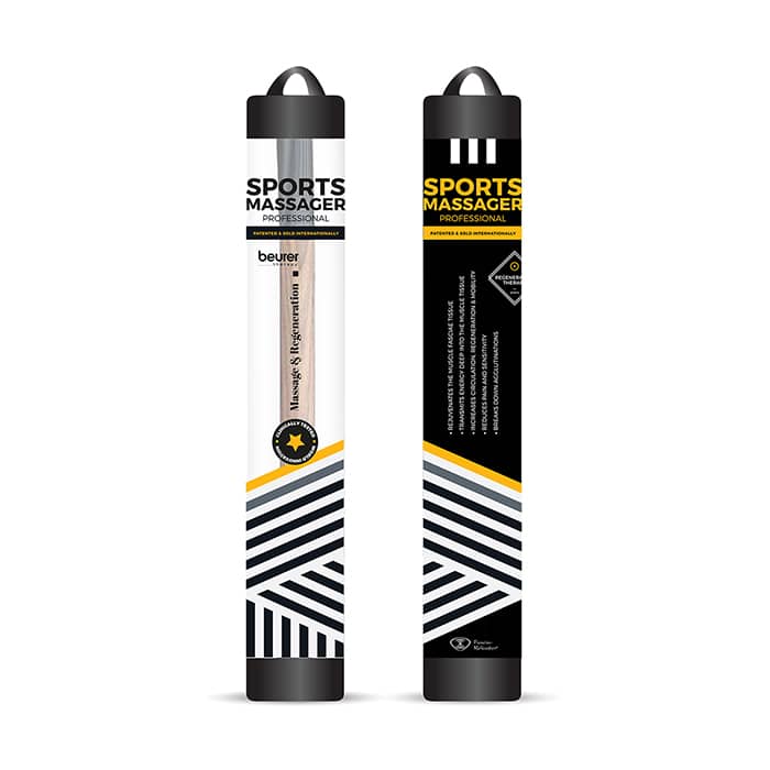 Sports Packaging: Beurer packaging design for fascia releaser product with black and white angled stripes and pops of yellow.