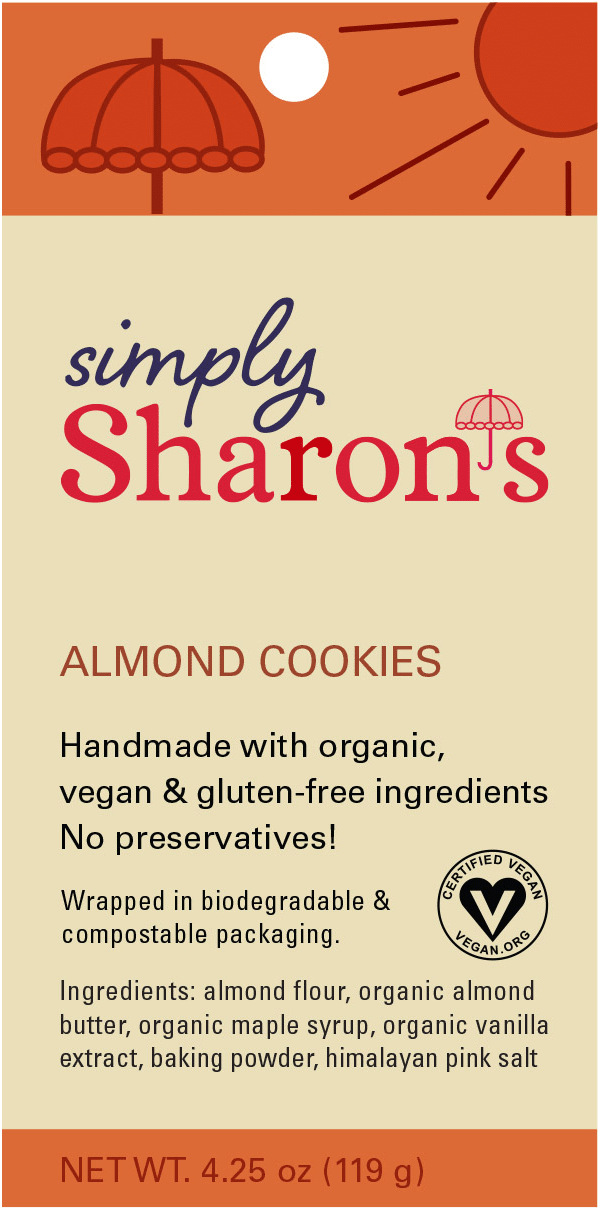 Simply Sharon's label design with warm earthy colors, inviting designs, and logo above ingredients list.