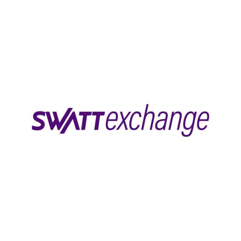 Finance logo design: Swatt Exchange professional logo in purple and white with visual elements inspired by market exchange maps.