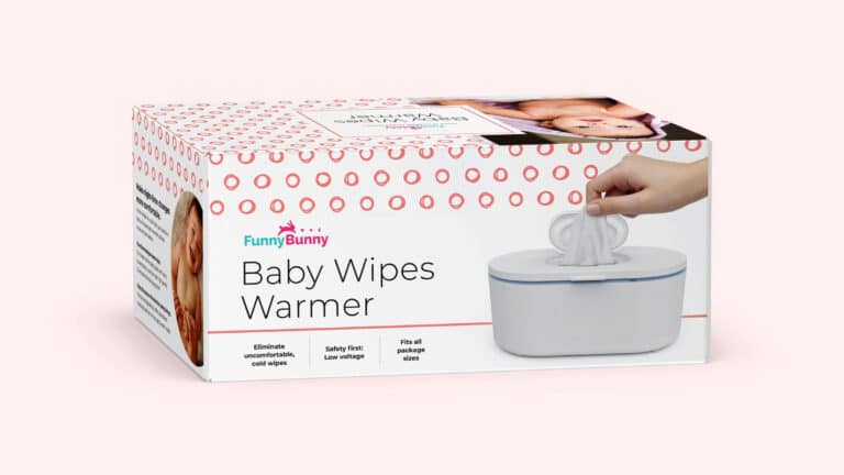 Funny Bunny brand presentation ceoncept for packaging design of baby wipes warmer with retro color palette, logo, and images on box.