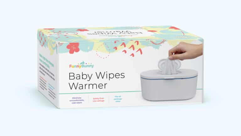 Funny Bunny brand presentation ceoncept for packaging design of baby wipes warmer with playful color palette, logo, and illustrations on box.