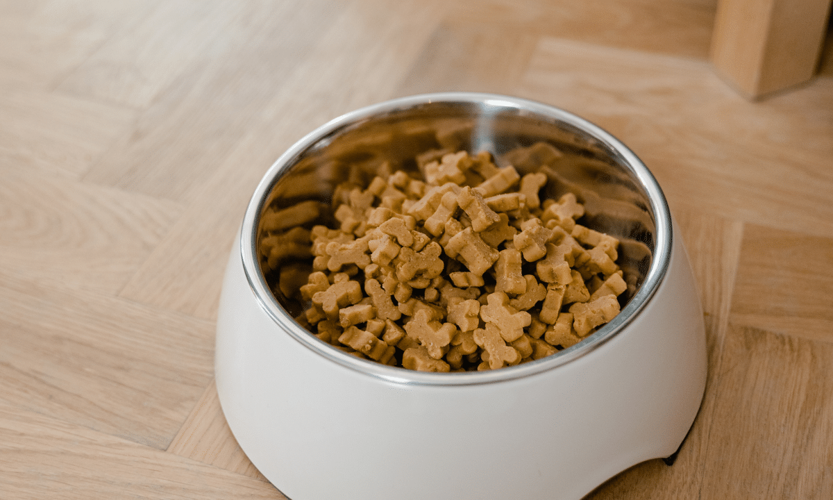 Pet products including dog food inside bowl placed on wood floor.