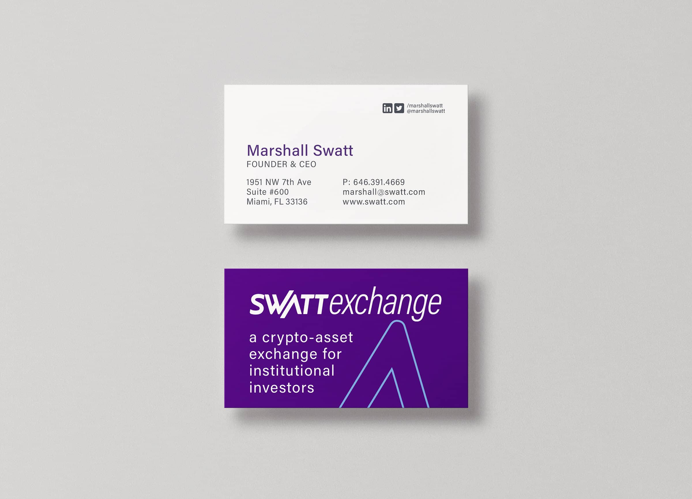 Crypto Logo: Swatt Exchange purple and white business cards arranged in stacks to show front and back.