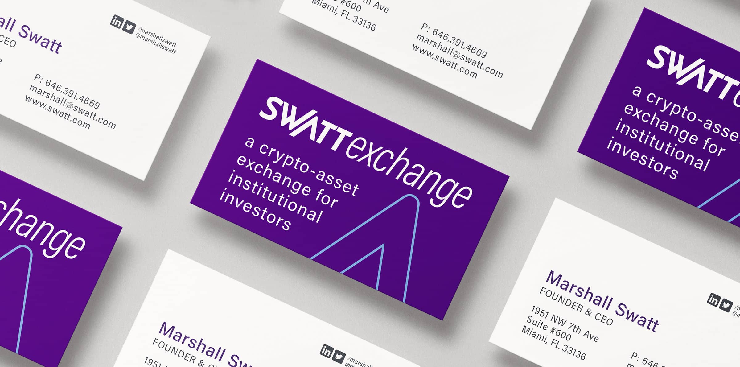 Crypto Logo: Swatt Exchange purple and white business cards arranged in diagonal rows to show front and back.