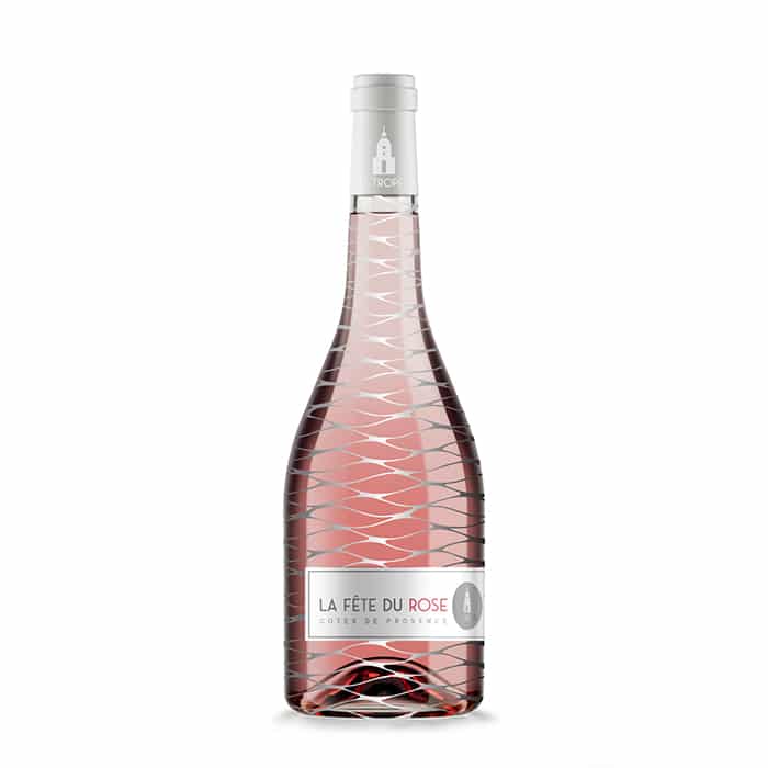 Wine Bottle Packaging Design: St. Tropez Rose wine bottle package design in pink with silver mesh detail and La Fete du Rose on a silver and grey label.