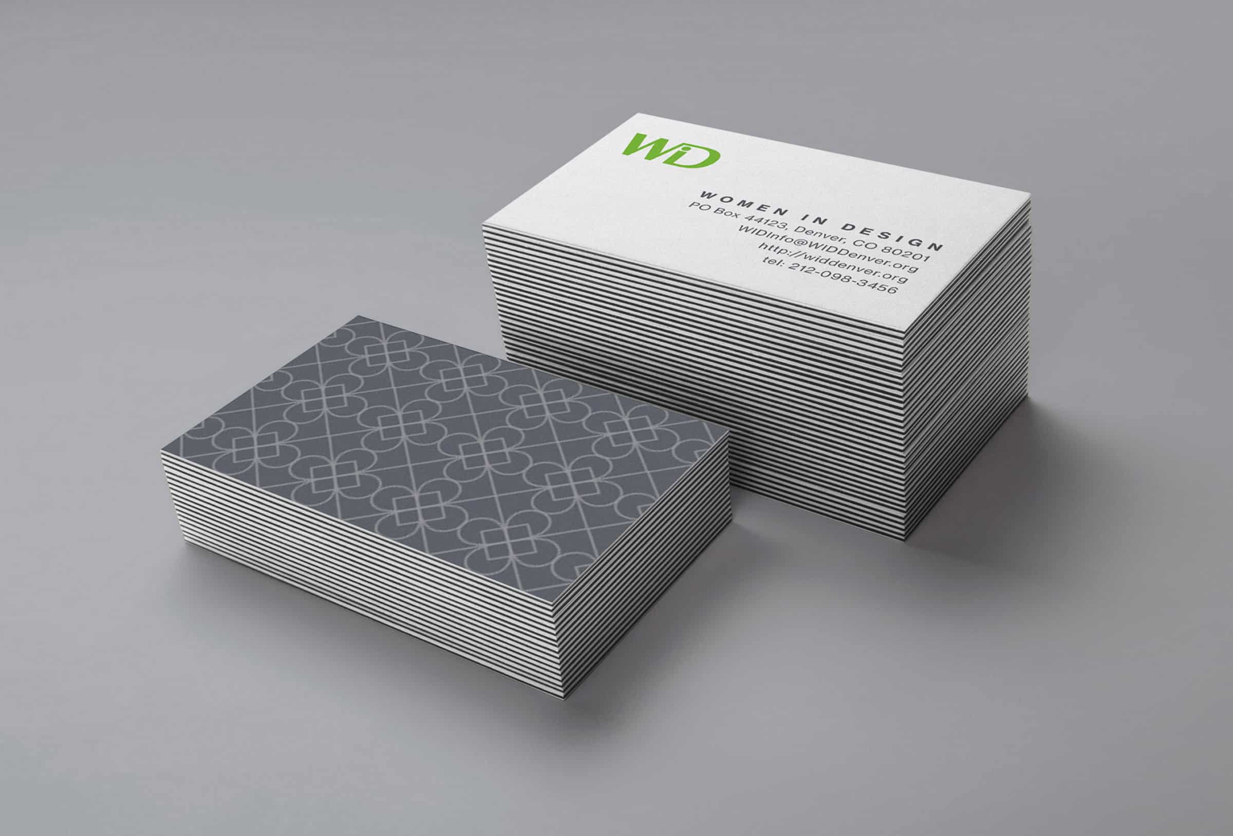 Women in Design white business cards to show front and back grey color palette arranged in columns.