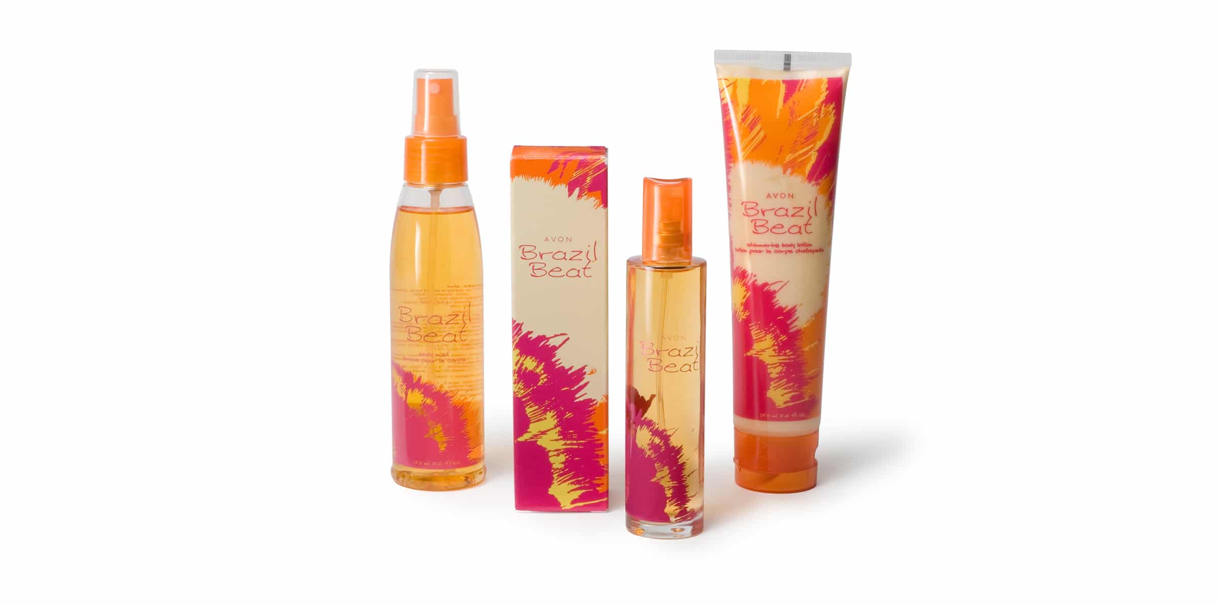Perfume Creative Packaging Design: Avon Brazil Beat fragrance bottle design with vibrant oranges and magenta feathered details.