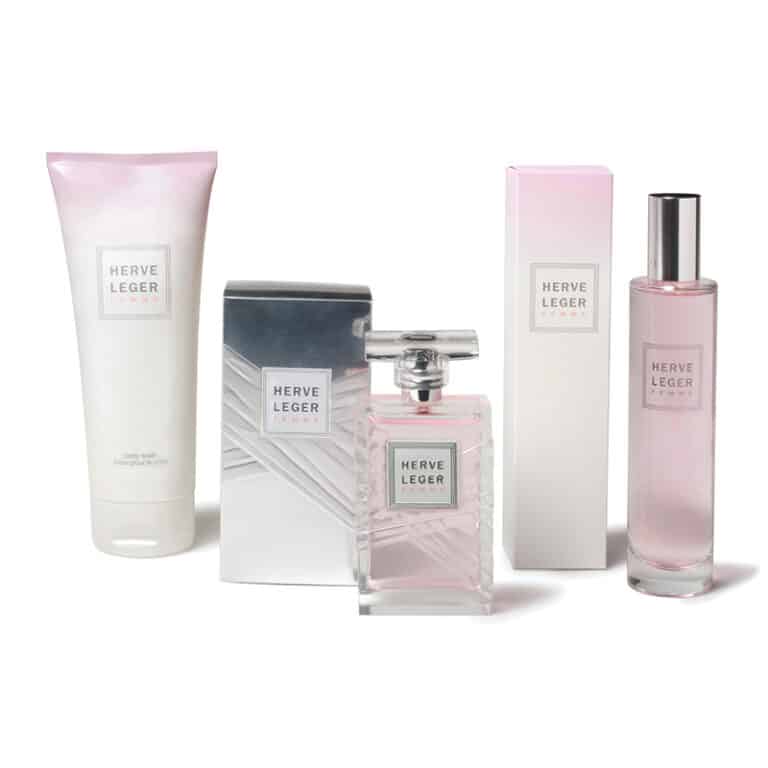 Custom Made Glass Perfume Bottles: Herve Leger fragrance bottle packaging design with a feminine feel and color palette of light pink, white, and dark grey.