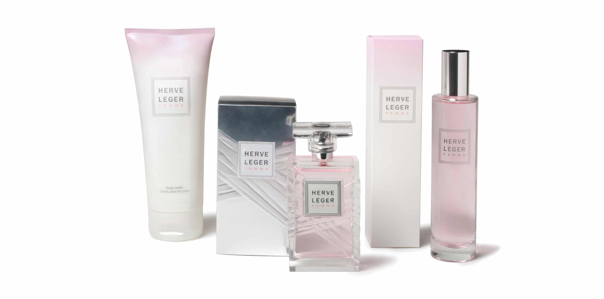 Custom Made Glass Perfume Bottles: Herve Leger fragrance bottle packaging design with a feminine feel and color palette of light pink, white, and dark grey.