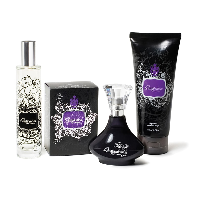 Glass Perfume Packaging: Avon Outspoken by Fergie fragrance line with black packaging, purple designs, and script font.