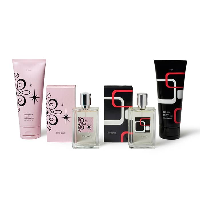 Modern Packaging: Avon Retro fragrance bottle designs, one 50s-inspired in light pink and black packaging, and one 60s-inspired in black and red.