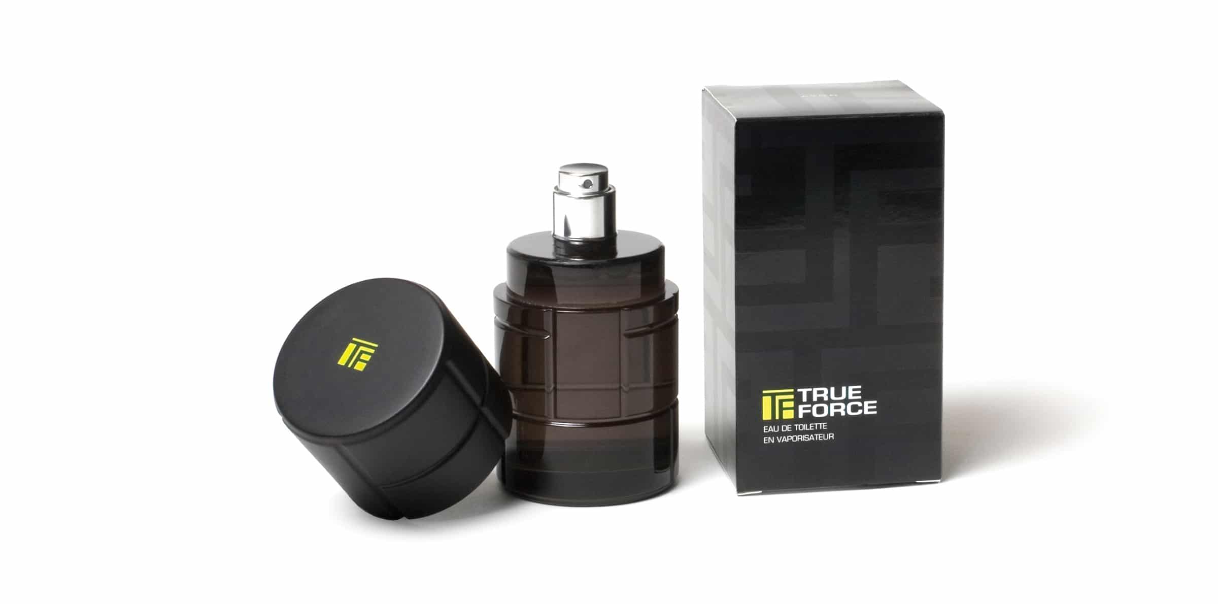Cologne Packaging: Avon's True Force packaging design with box and fragrance bottle in black packaging and neon green detailing.