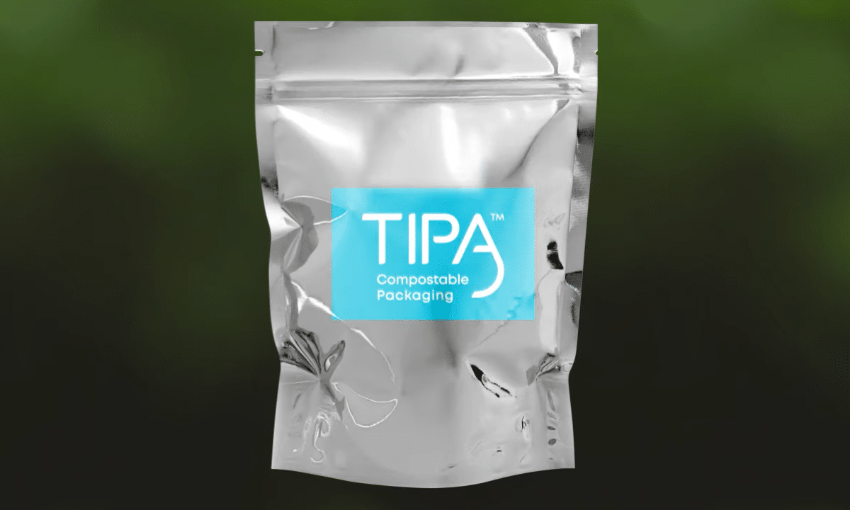 Plastic free packaging that's compostable and made by a brand named Tipa.